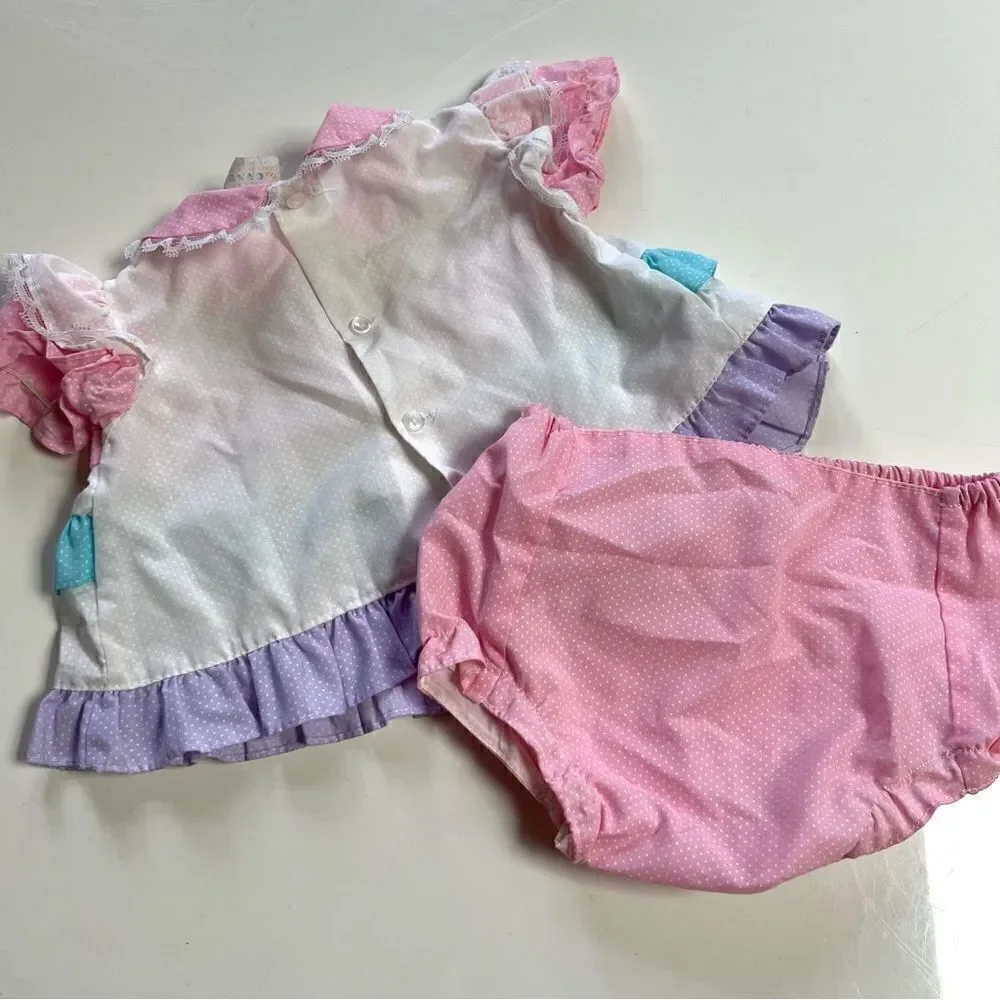 Vintage 2 Piece 1980s Cotton Candy Pastel Tiered Ruffle Polka Dot Dress Bummies